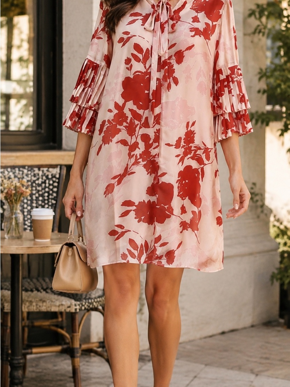 Sharagano Floral Pleated Bell Sleeve Shift Dress Pink Red Size 6